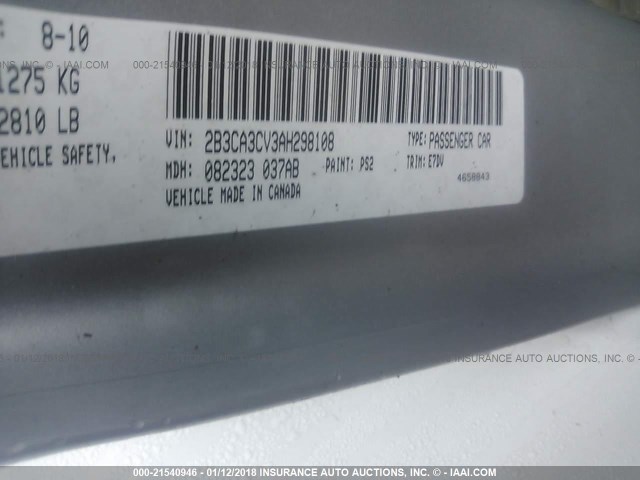 2B3CA3CV3AH298108 - 2010 DODGE CHARGER SXT SILVER photo 9