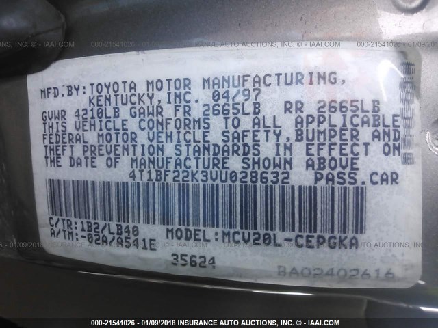 4T1BF22K3VU028632 - 1997 TOYOTA CAMRY CE/LE/XLE GRAY photo 9