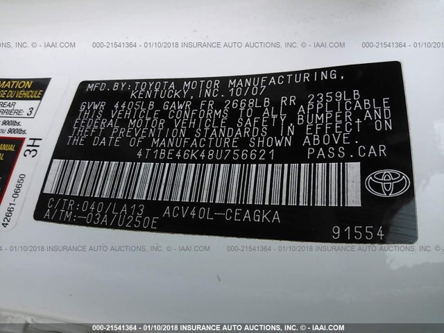 4T1BE46K48U756621 - 2008 TOYOTA CAMRY CE/LE/XLE/SE WHITE photo 9