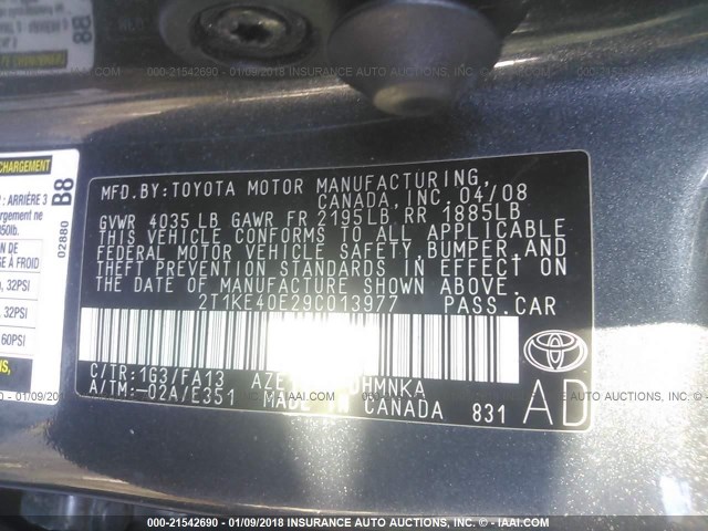 2T1KE40E29C013977 - 2009 TOYOTA COROLLA MATRIX S GRAY photo 9