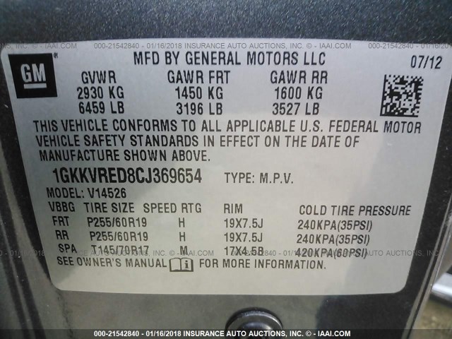 1GKKVRED8CJ369654 - 2012 GMC ACADIA SLT-1 Niebieski zdjęcie 9