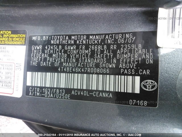 4T4BE46K47R008066 - 2007 TOYOTA CAMRY NEW GENERAT CE/LE/XLE/SE GRAY photo 9