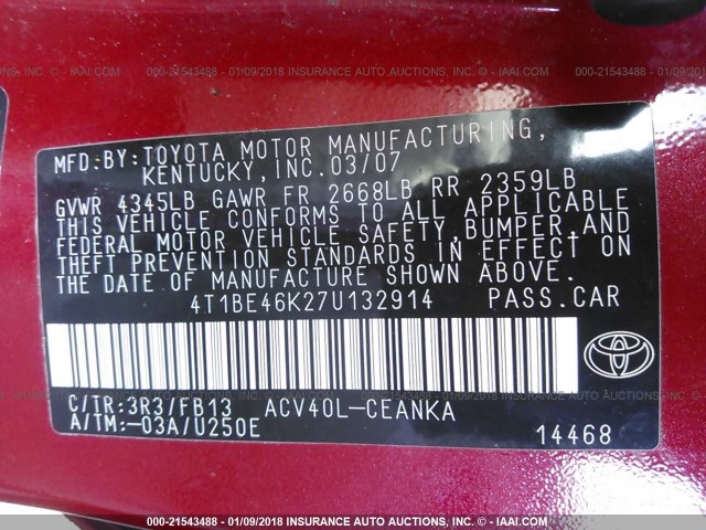 4T1BE46K27U132914 - 2007 TOYOTA CAMRY NEW GENERAT CE/LE/XLE/SE RED photo 9