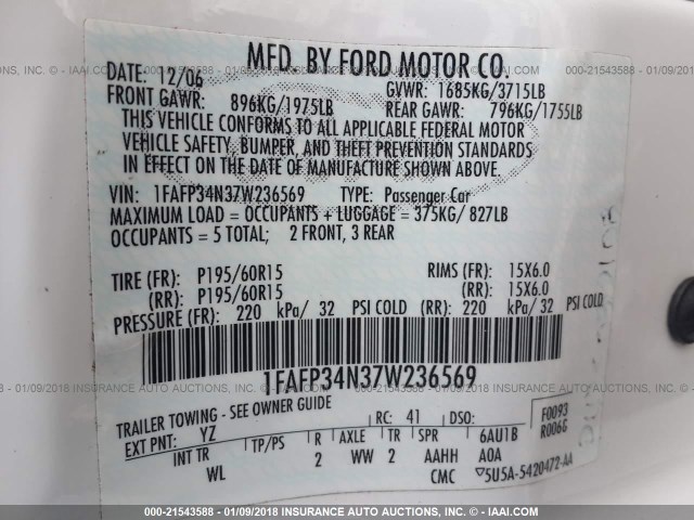 1FAFP34N37W236569 - 2007 FORD FOCUS ZX4/S/SE/SES 白色 照片 9