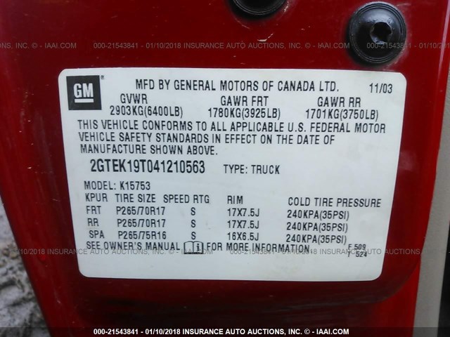 2GTEK19T041210563 - 2004 GMC NEW SIERRA K1500 RED photo 9