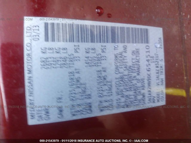 5N1AR2MN9DC654510 - 2013 NISSAN PATHFINDER S/SV/SL/PLATINUM 栗色 照片 9