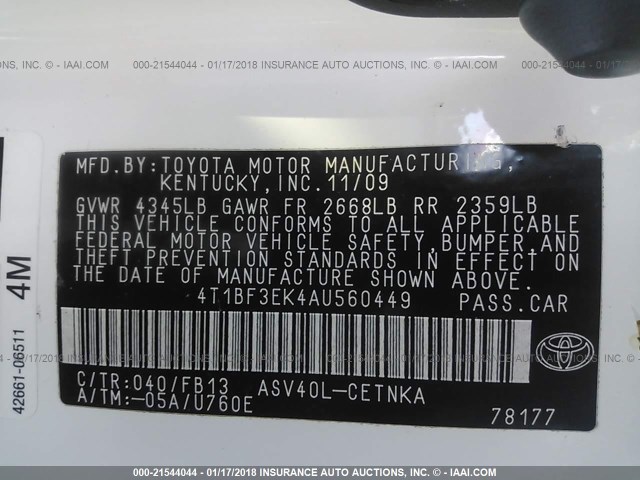 4T1BF3EK4AU560449 - 2010 TOYOTA CAMRY SE/LE/XLE 白色 照片 9