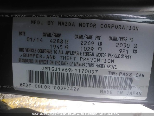 JM1GJ1V69F1170097 - 2015 MAZDA 6 TOURING Pewter photo 9