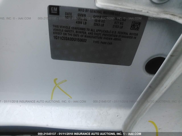 1G11C5SA0DU150602 - 2013 CHEVROLET MALIBU 1LT 白色 照片 9