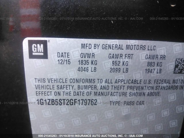 1G1ZB5ST2GF179762 - 2016 CHEVROLET MALIBU LS შავი ფოტო 9