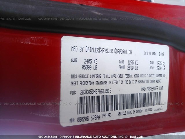 2B3KA53H07H613912 - 2007 DODGE CHARGER R/T RED photo 9