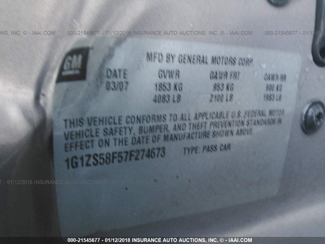 1G1ZS58F57F274673 - 2007 CHEVROLET MALIBU LS ყავისფერი ფოტო 9