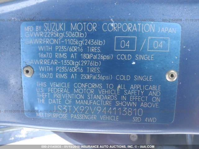 JS3TX92V944113810 - 2004 SUZUKI XL7 EX/LX BLUE photo 9