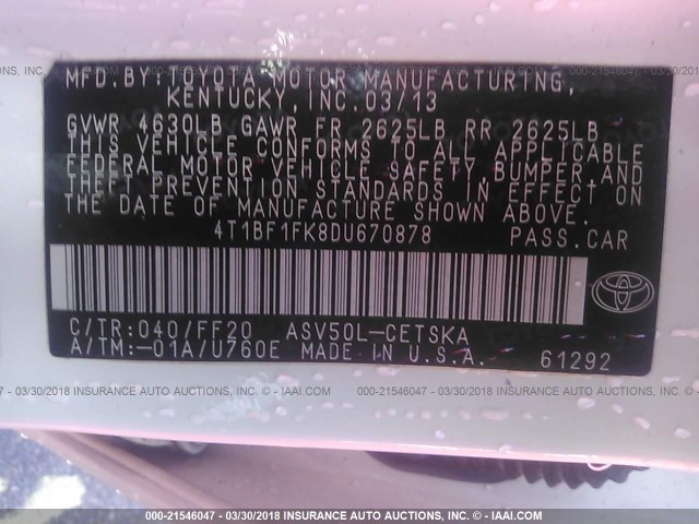 4T1BF1FK8DU670878 - 2013 TOYOTA CAMRY L/SE/LE/XLE WHITE photo 9