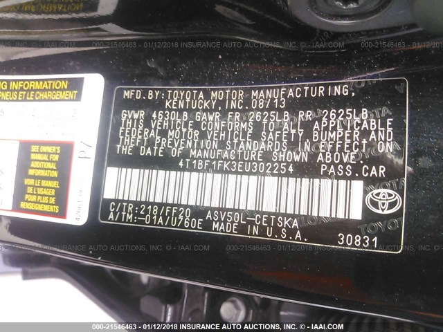 4T1BF1FK3EU302254 - 2014 TOYOTA CAMRY L/SE/LE/XLE 黑色 照片 9