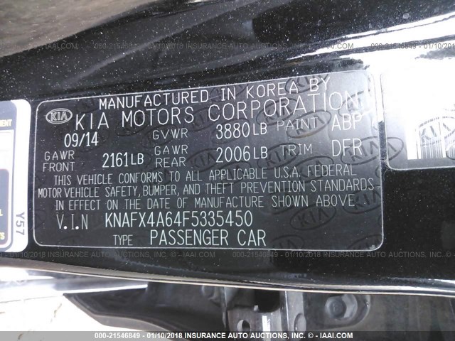 KNAFX4A64F5335450 - 2015 KIA FORTE LX BLACK photo 9