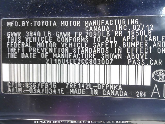 2T1BU4EE2CC803007 - 2012 TOYOTA COROLLA S/LE BLUE photo 9