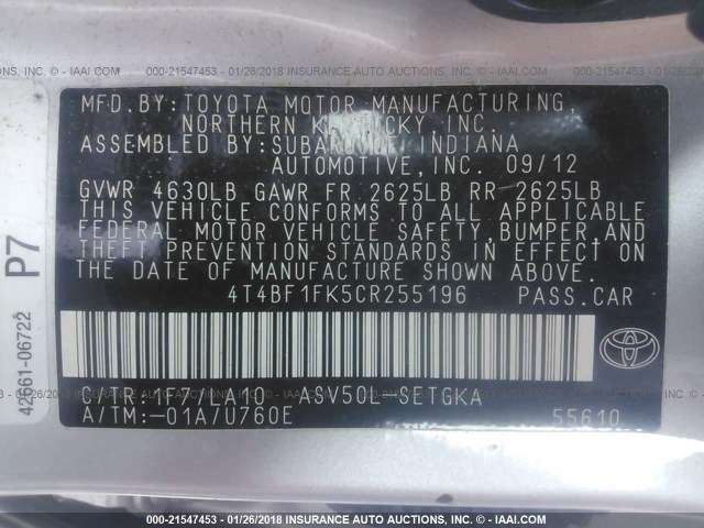 4T4BF1FK5CR255196 - 2012 TOYOTA CAMRY SE/LE/XLE SILVER photo 9