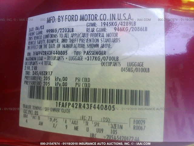 1FAFP42R43F440805 - 2003 FORD MUSTANG MACH I RED photo 9