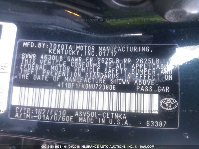 4T1BF1FK0HU723806 - 2017 TOYOTA CAMRY LE/XLE/SE/XSE BLACK photo 9