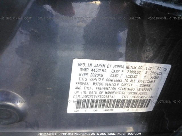 JHMCN364X5C016141 - 2005 HONDA ACCORD HYBRID GRAY photo 9