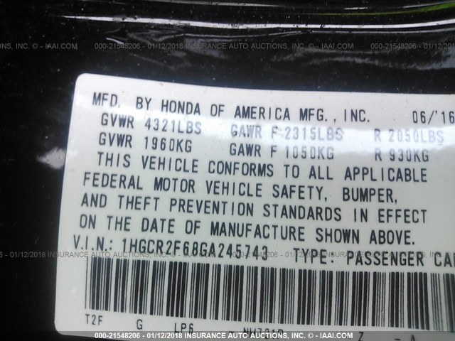 1HGCR2F68GA245743 - 2016 HONDA ACCORD SPORT 黑色 照片 9