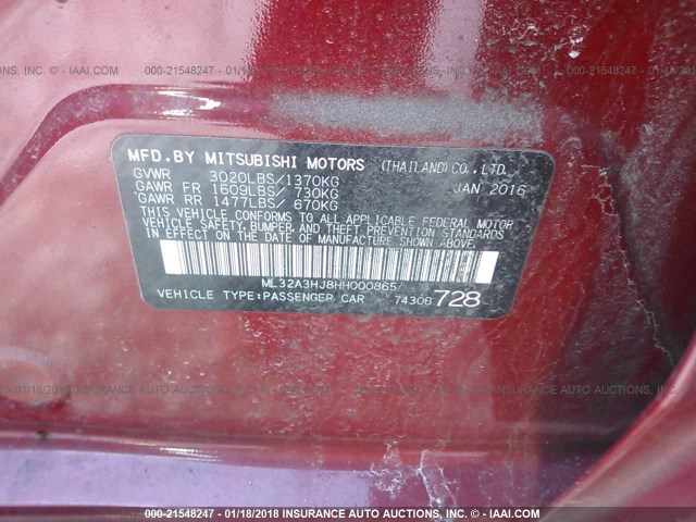 ML32A3HJ8HH000865 - 2017 MITSUBISHI MIRAGE ES RED photo 9