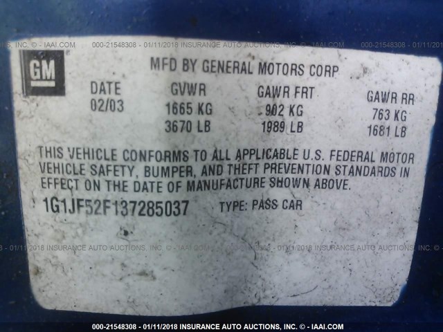 1G1JF52F137285037 - 2003 CHEVROLET CAVALIER LS BLUE photo 9