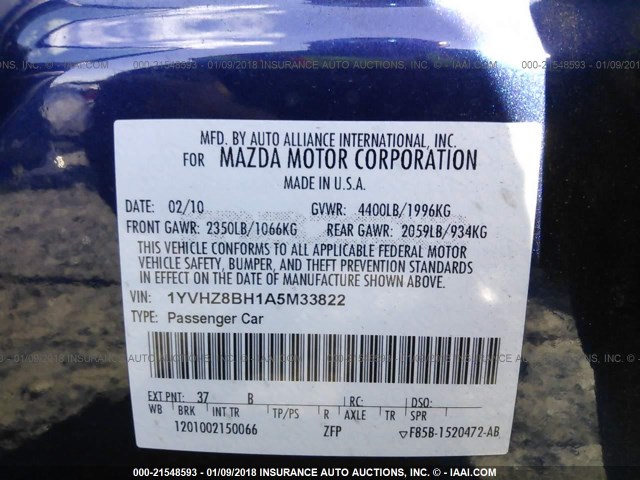 1YVHZ8BH1A5M33822 - 2010 MAZDA 6 I أزرق صورة 9