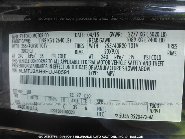 5LMTJ2AH6FUJ40591 - 2015 LINCOLN MKC 黑色 照片 9