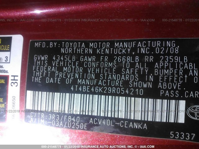 4T4BE46K29R054210 - 2009 TOYOTA CAMRY SE/LE/XLE წითელი ფოტო 9