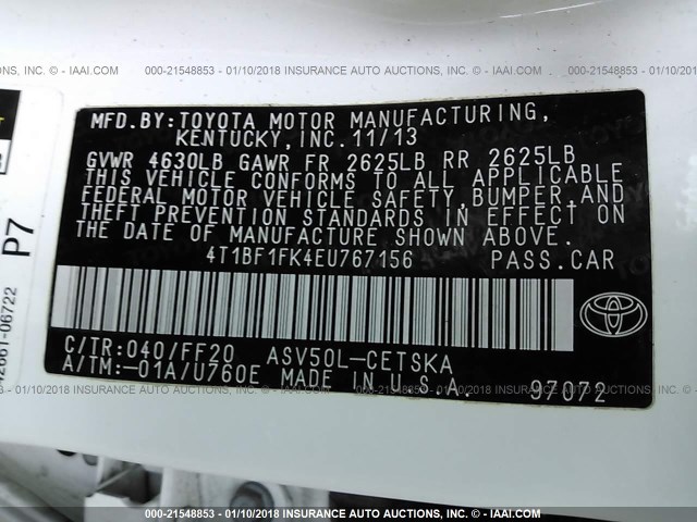 4T1BF1FK4EU767156 - 2014 TOYOTA CAMRY L/SE/LE/XLE 白色 照片 9