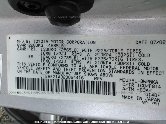 JTEHF21A020094416 - 2002 TOYOTA HIGHLANDER LIMITED SILVER photo 9