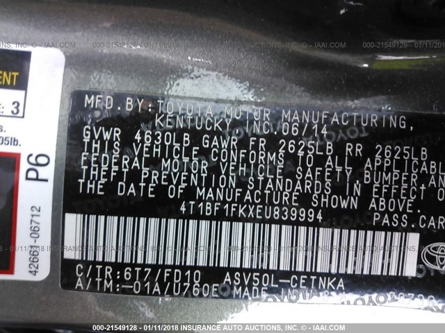 4T1BF1FKXEU839994 - 2014 TOYOTA CAMRY L/SE/LE/XLE 灰色 照片 9