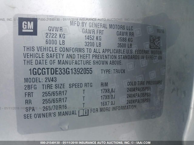 1GCGTDE33G1392055 - 2016 CHEVROLET COLORADO Z71 SILVER photo 9