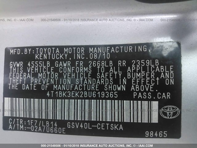 4T1BK3EK2BU619365 - 2011 TOYOTA CAMRY SE/LE/XLE Серебристый фото 9