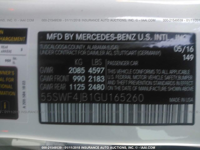 55SWF4JB1GU165260 - 2016 MERCEDES-BENZ C 300 WHITE photo 9