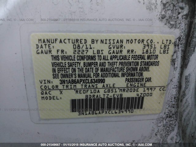 3N1AB6APXCL634990 - 2012 NISSAN SENTRA 2.0/2.0S/SR/2.0SL WHITE photo 9