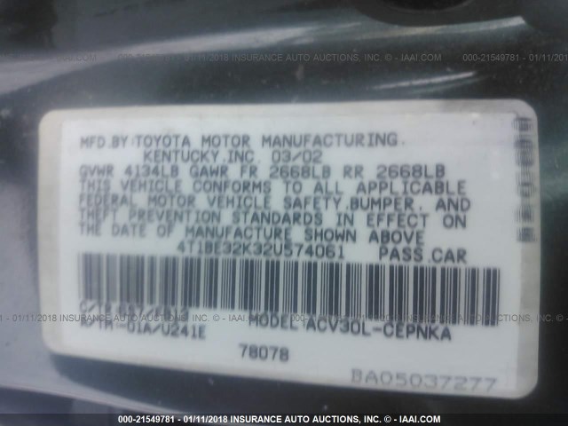 4T1BE32K32U574061 - 2002 TOYOTA CAMRY LE/XLE/SE მწვანე ფოტო 9