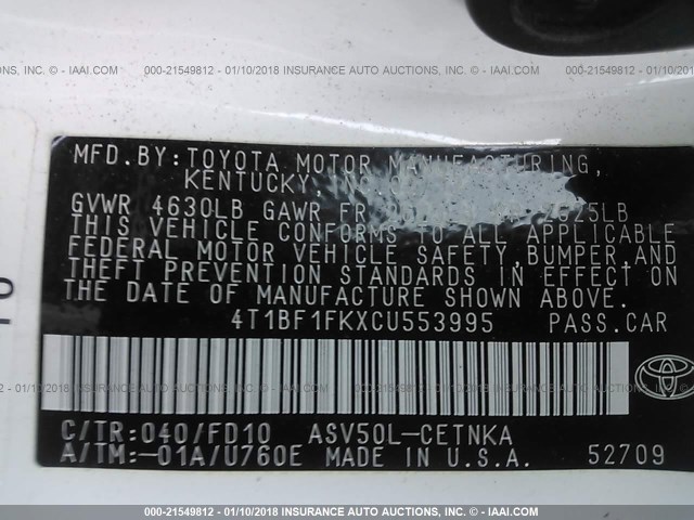4T1BF1FKXCU553995 - 2012 TOYOTA CAMRY SE/LE/XLE WHITE photo 9