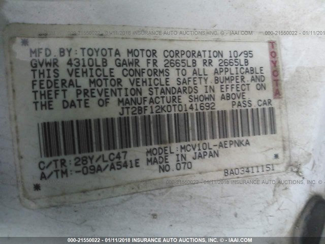 JT2BF12K0T0141692 - 1996 TOYOTA CAMRY LE/XLE/SE თეთრი ფოტო 9