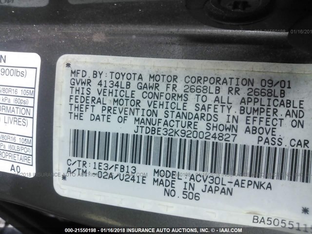 JTDBE32K920024827 - 2002 TOYOTA CAMRY LE/XLE/SE ნაცრისფერი ფოტო 9