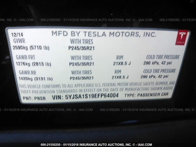 5YJSA1S19EFP64004 - 2014 TESLA MODEL S GRAY photo 9