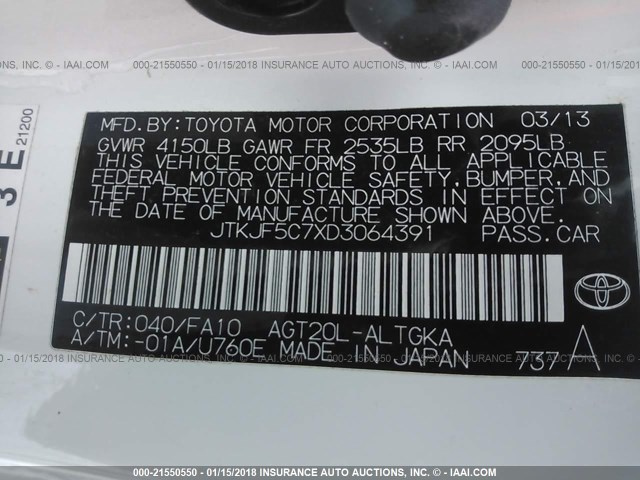 JTKJF5C7XD3064391 - 2013 TOYOTA SCION TC 白色 照片 9