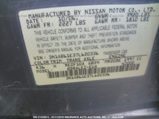 3N1AB61E37L620336 - 2007 NISSAN SENTRA 2.0/2.0S/2.0SL GRAY photo 9