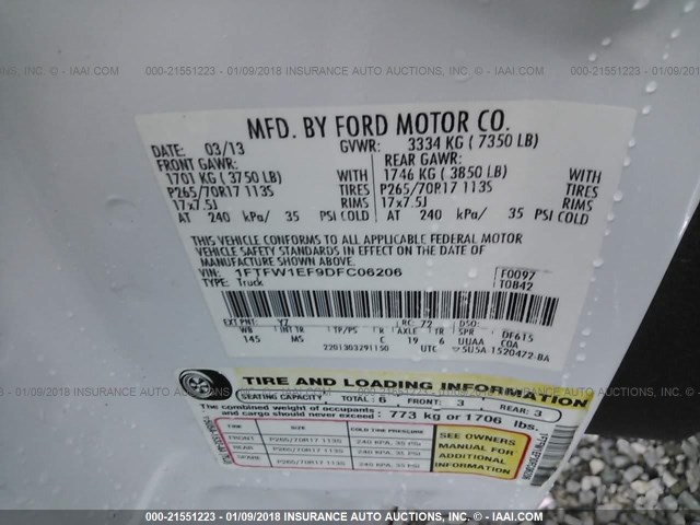 1FTFW1EF9DFC06206 - 2013 FORD F150 SUPERCREW WHITE photo 9