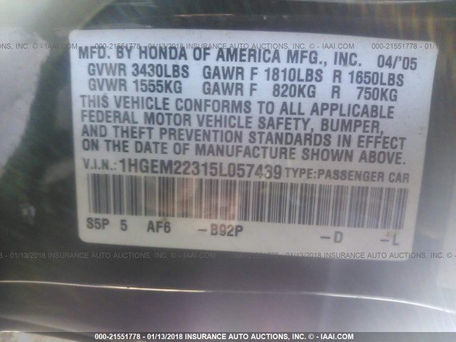 1HGEM22315L057439 - 2005 HONDA CIVIC DX VP Qara foto 9