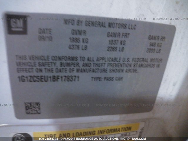 1G1ZC5EU1BF178371 - 2011 CHEVROLET MALIBU 1LT WHITE photo 9