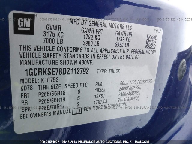 1GCRKSE78DZ112792 - 2013 CHEVROLET SILVERADO K1500 LT BLUE photo 9