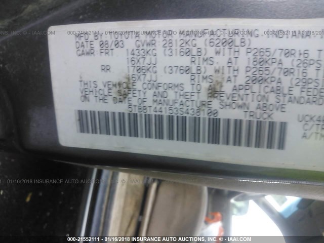 5TBBT44153S438100 - 2003 TOYOTA TUNDRA ACCESS CAB SR5 GRAY photo 9